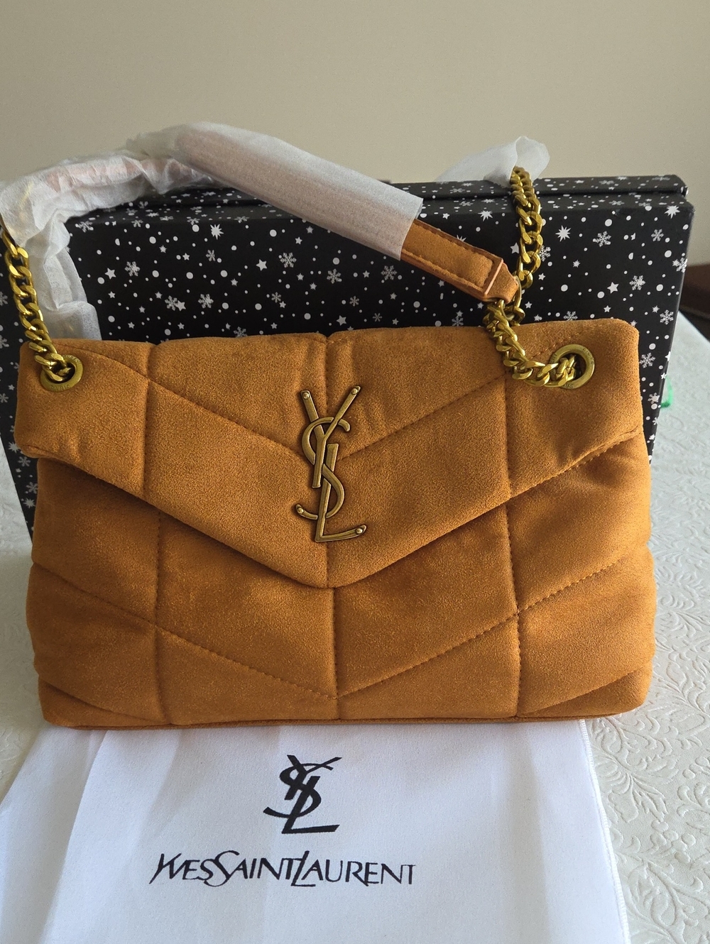 Yves Saint Laurent Amber Faux Suede Quilted Chevron Chain Shoulder Bag